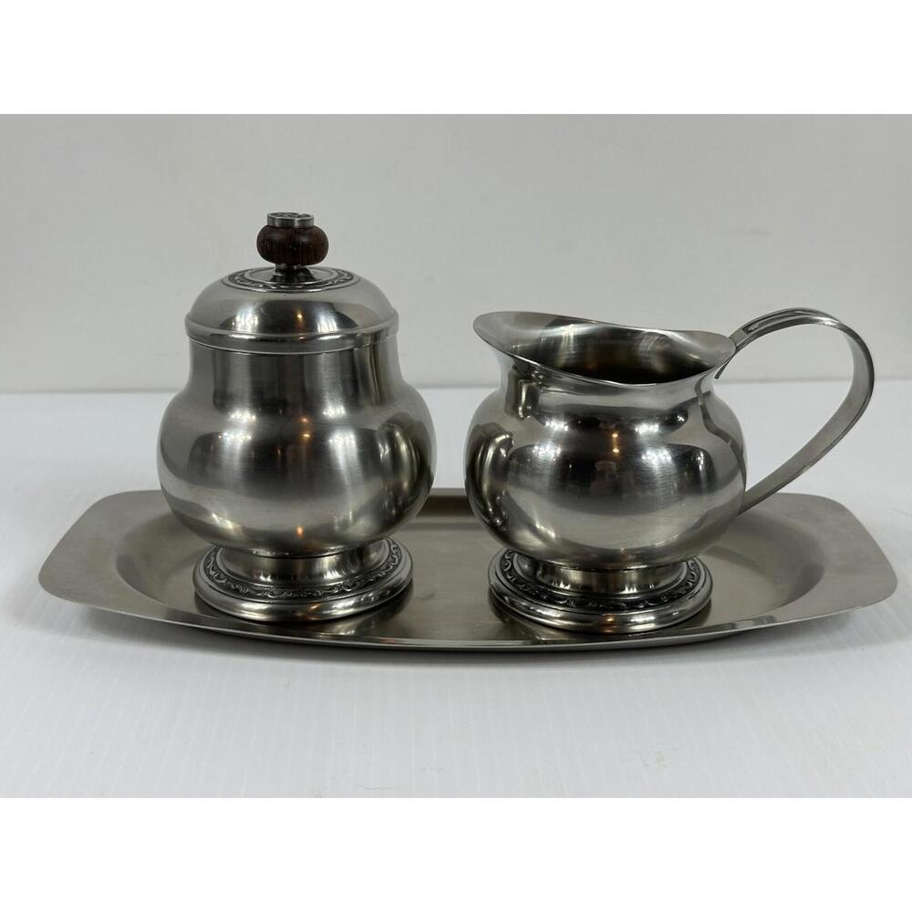 Oneida‎ Custom 18/8 Stainless Steel Cream Sugar Set with Tray With Black Inlay